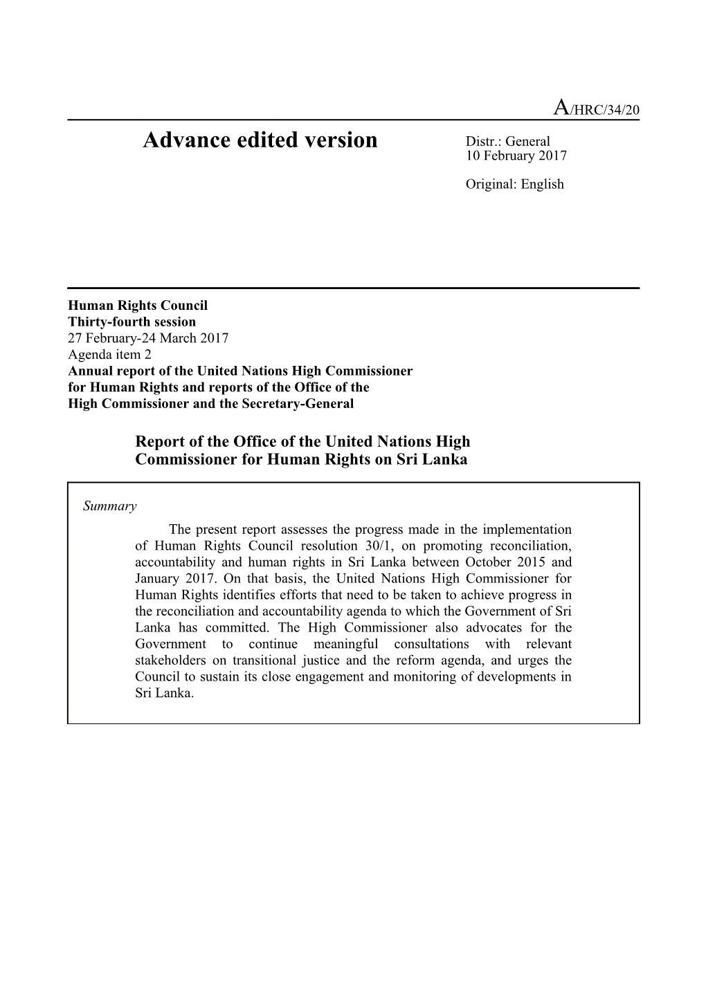 Report of the Office of the United Nations High Commissioner for Human Rights on Sri Lanka