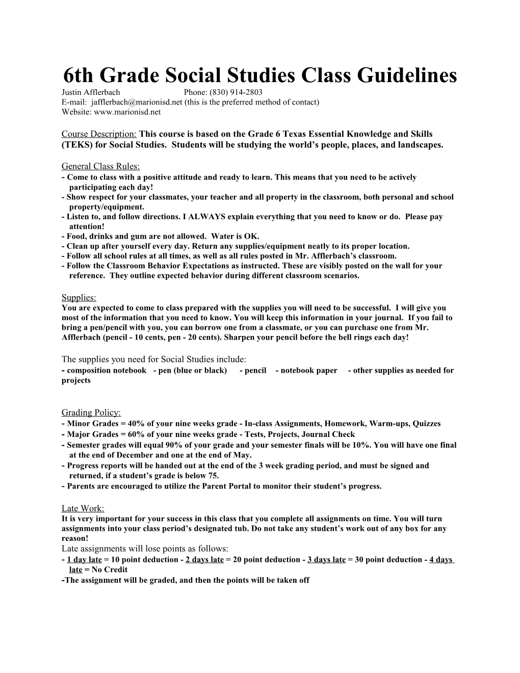 6Th Grade Social Studies Class Guidelines