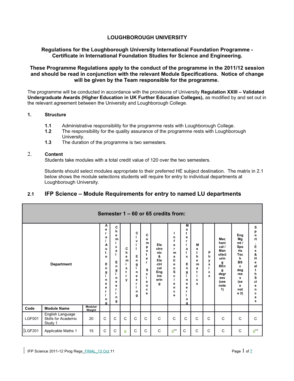 Regulations for the Loughborough University International Foundation Programme
