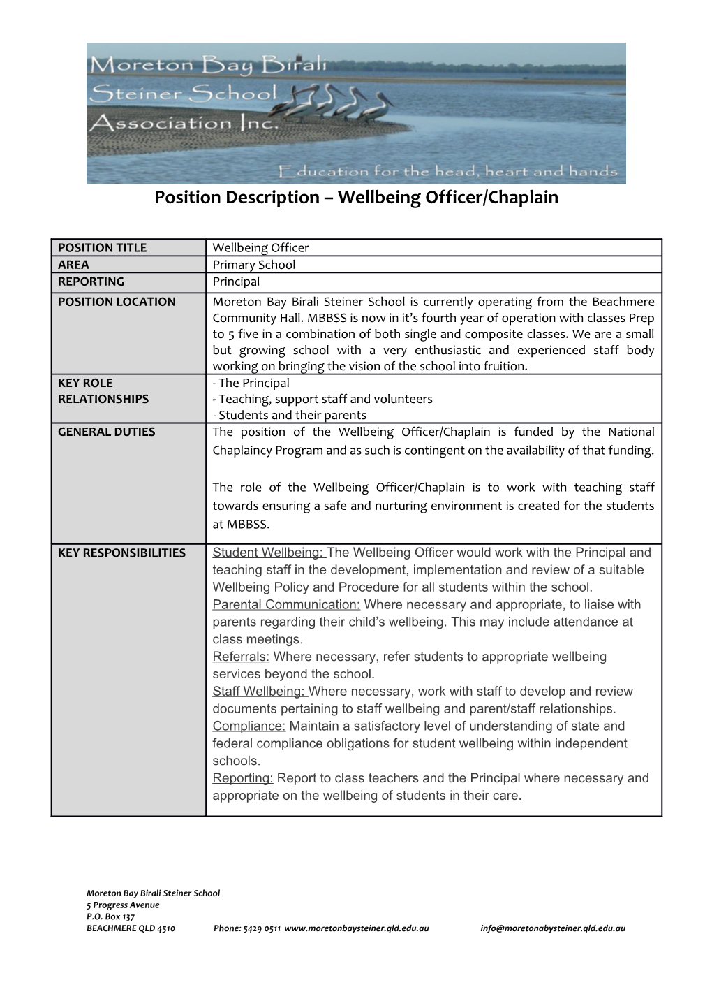 Position Description Wellbeing Officer/Chaplain