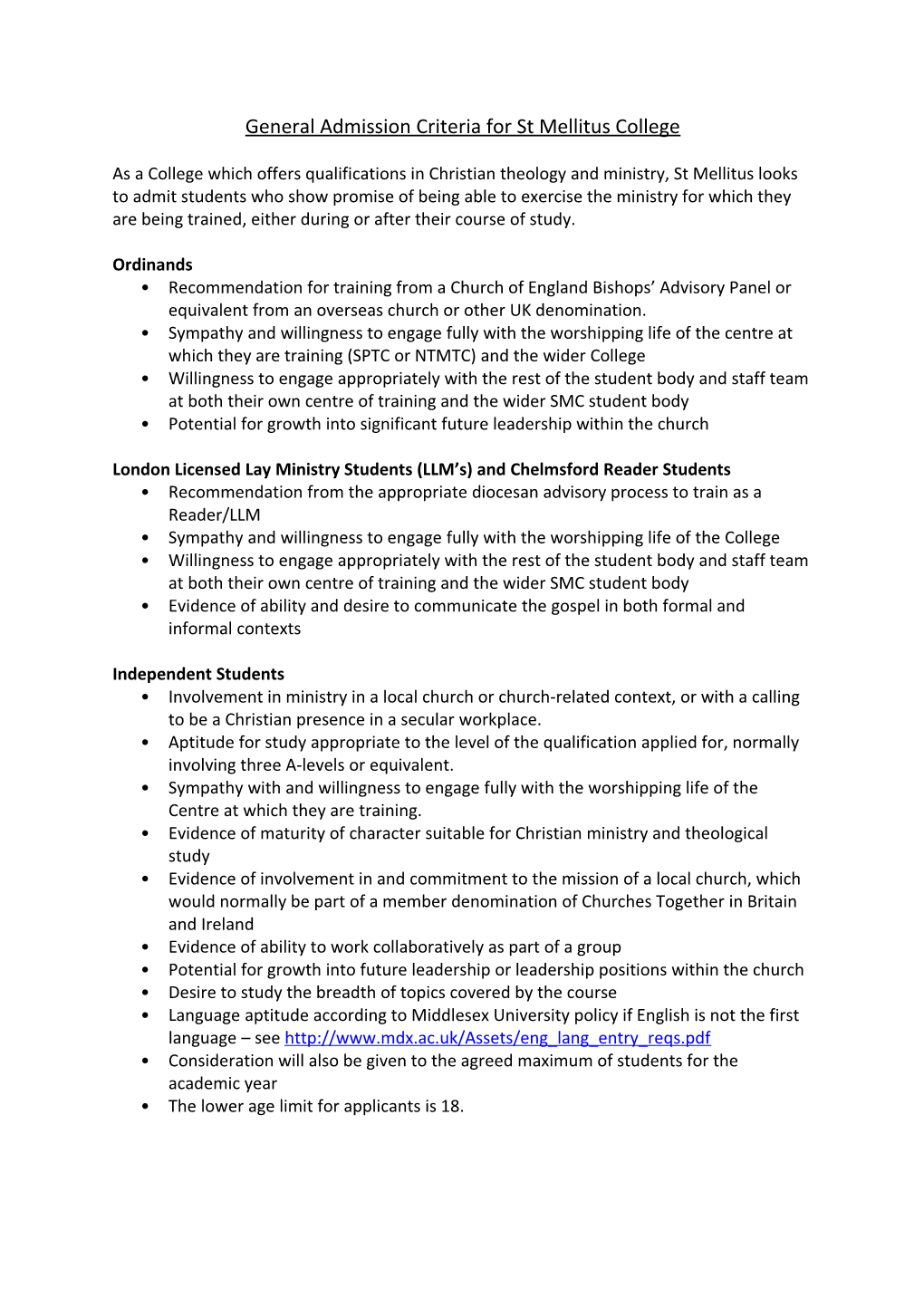 General Admission Criteria for St Mellitus College