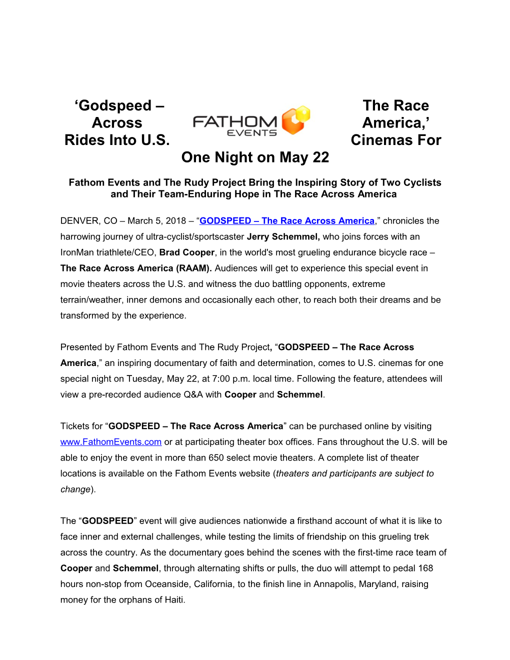Fathom Events and the Rudy Project Bring the Inspiring Story of Two Cyclists and Their
