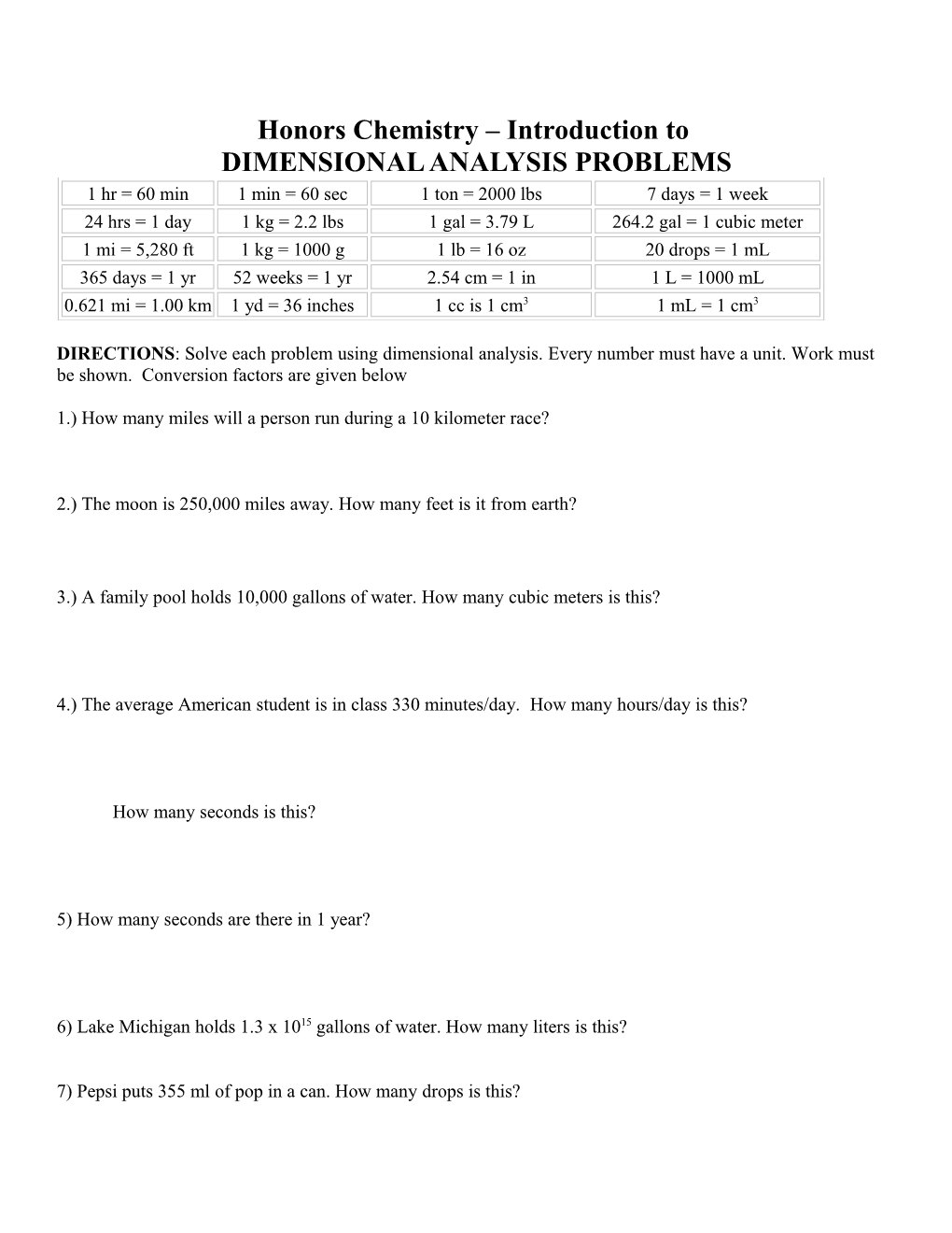 Dimensional Analysis Problems
