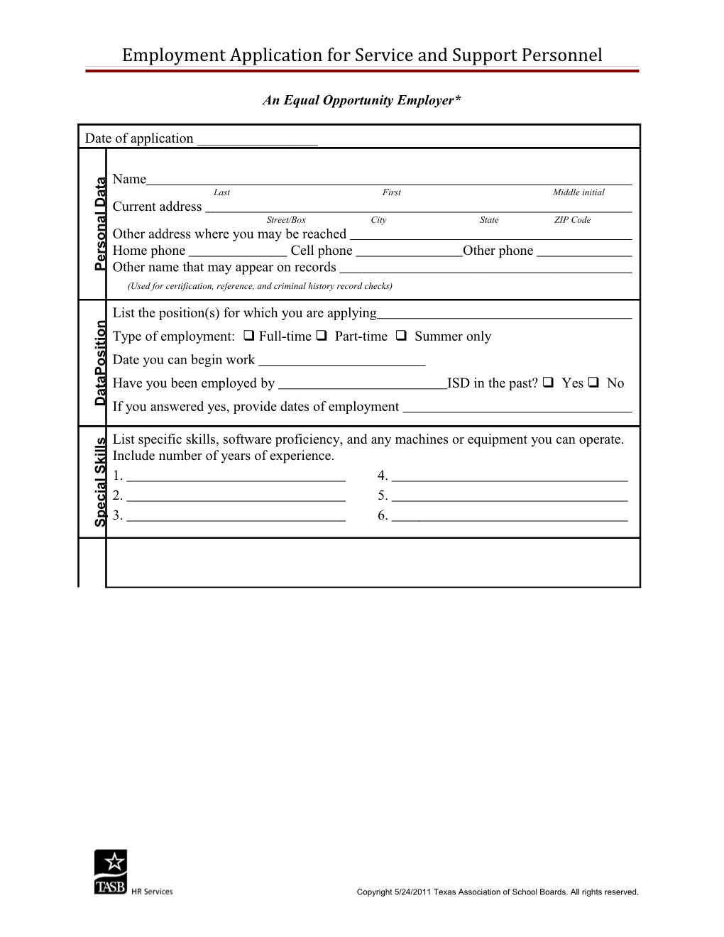 Employment Application for Service and Support Personnel