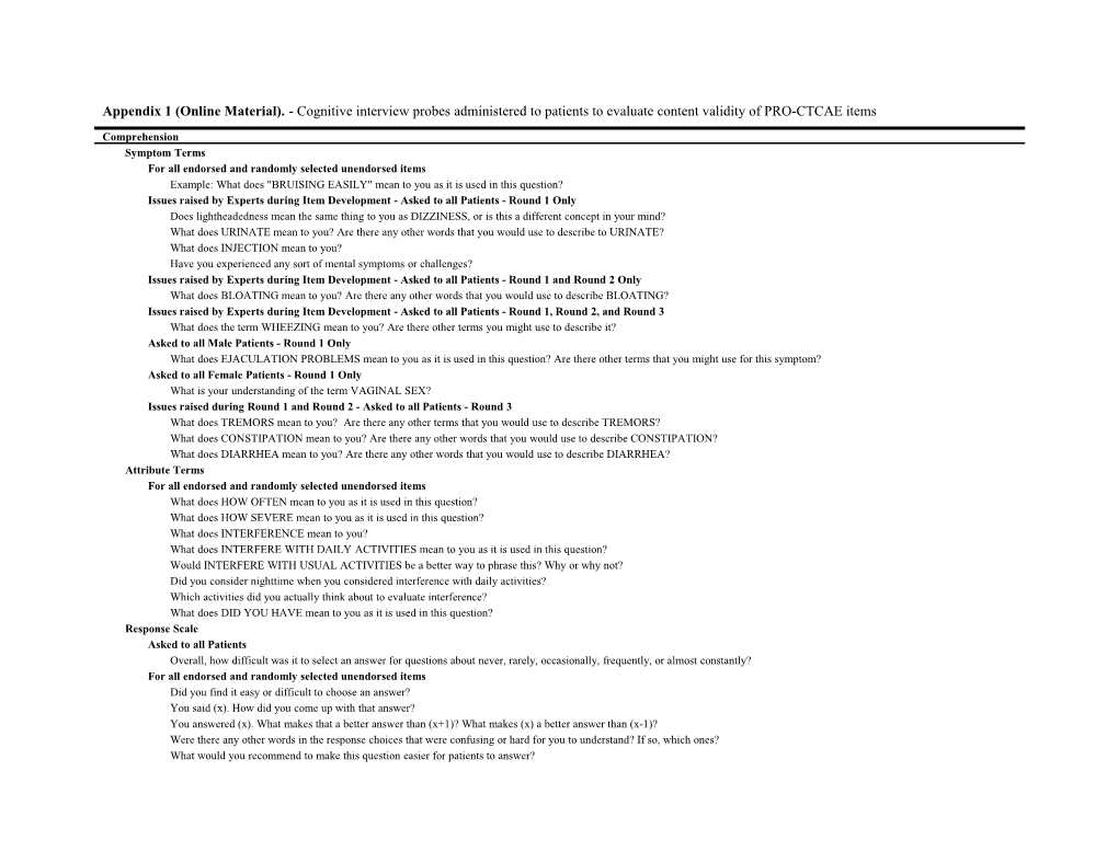 Appendix 1 (Online Material). - Cognitive Interview Probes Administered to Patients To