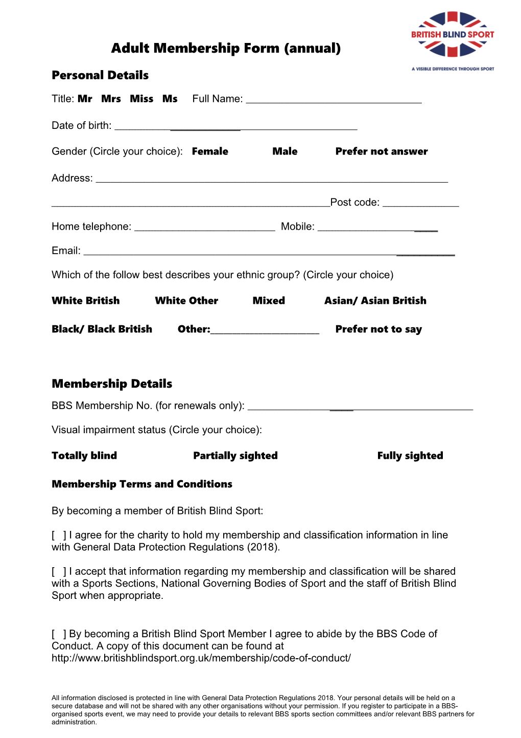 Adult Membership Form (Annual)