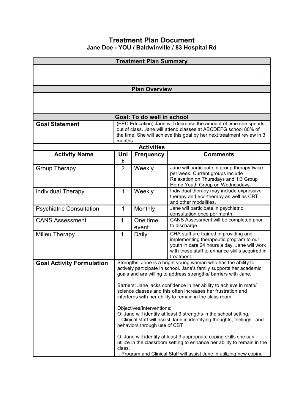 Treatment Plan Document