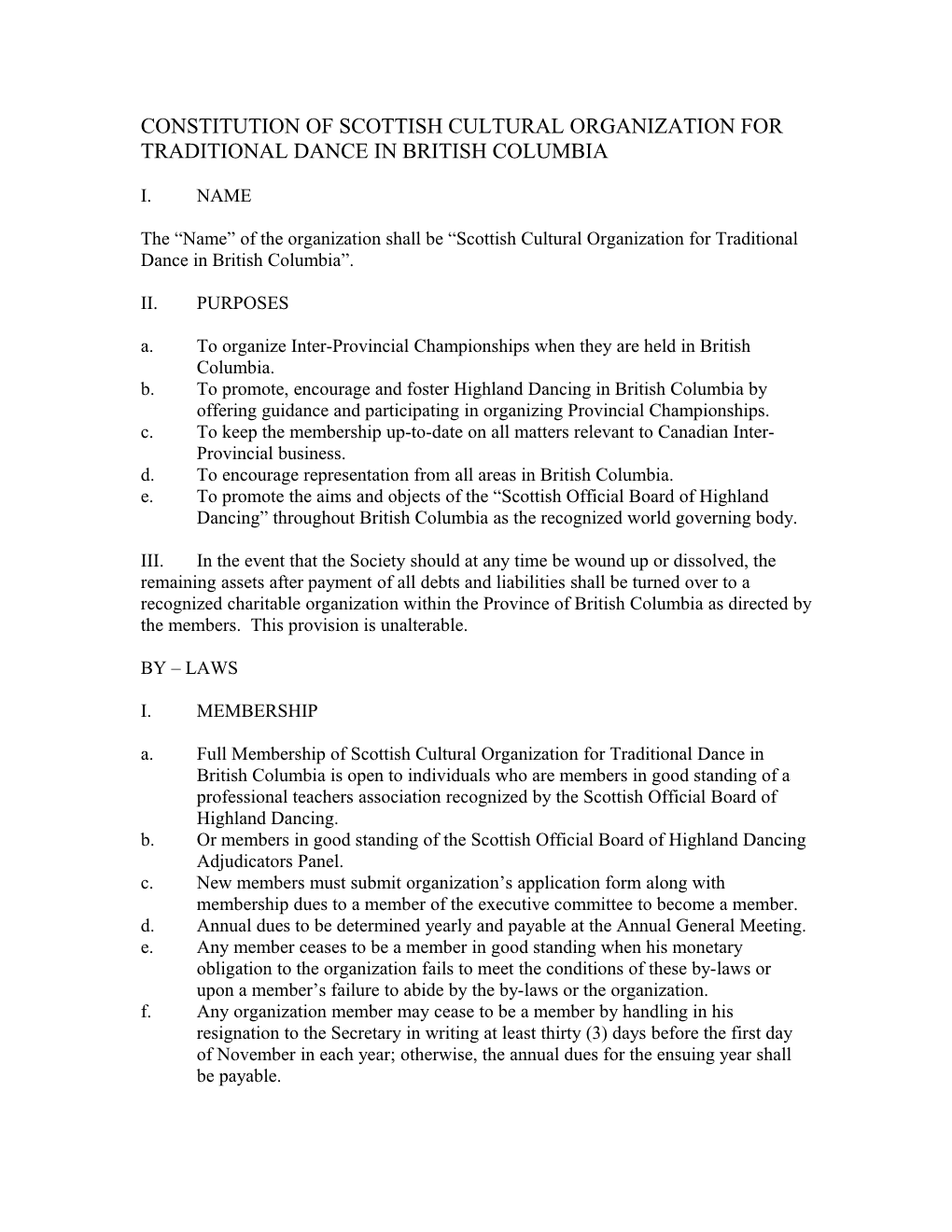 Constitution of Scottish Cultural Organization for Tradition Dance in British Columbia