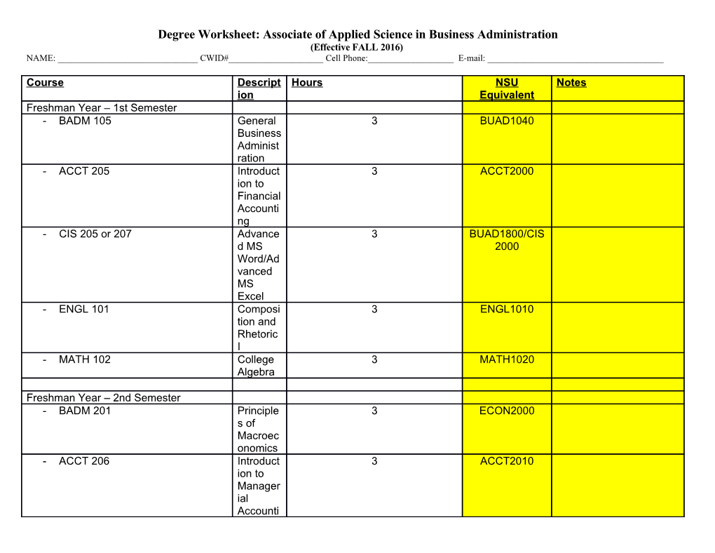 Degree Worksheet:Associate of Applied Science in Business Administration