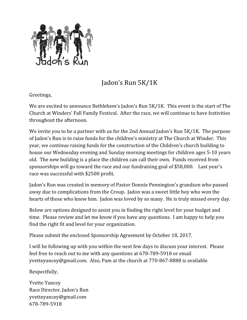 We Are Excited to Announce Bethlehem's Jadon's Run 5K/1K. This Event Is the Start of The