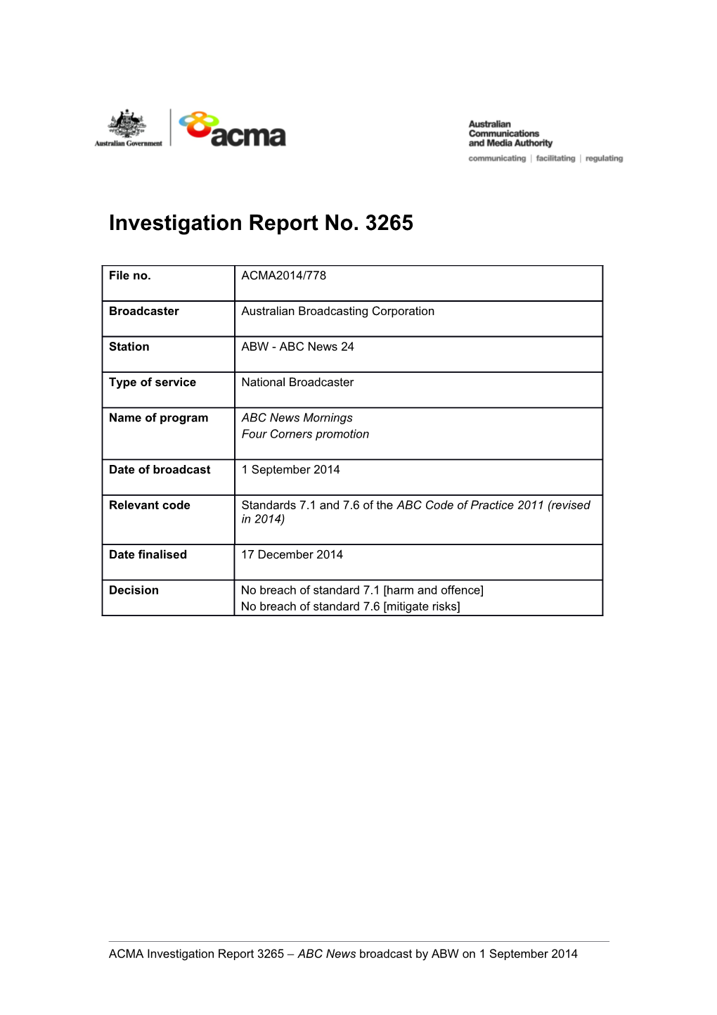 Investigation Report No. 3265