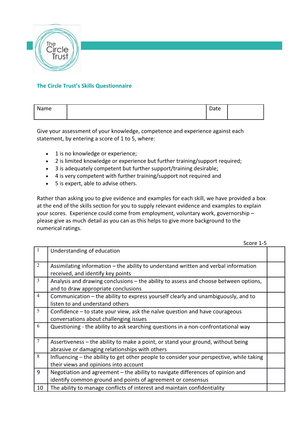 The Circle Trust S Skills Questionnaire