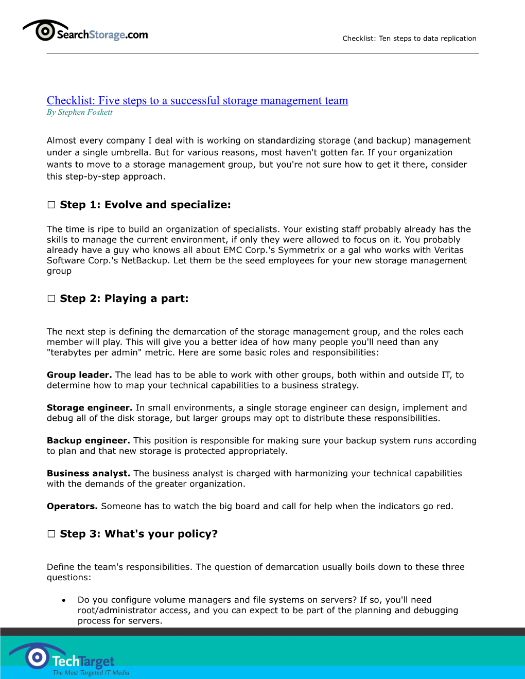 Checklist: Five Steps to a Successful Storage Management Team