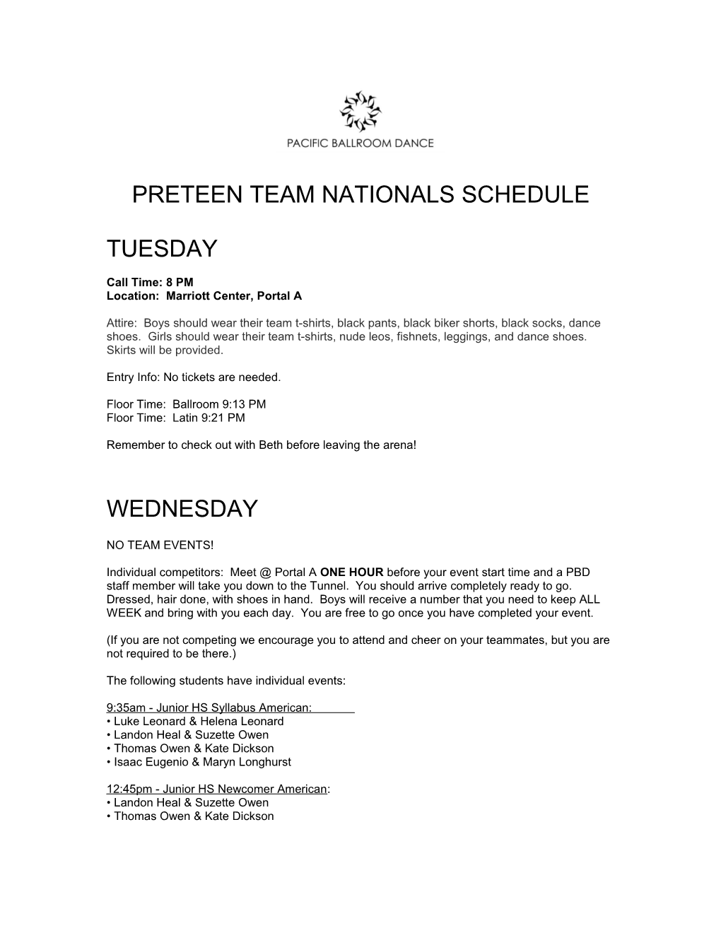 Preteen Team Nationals Schedule