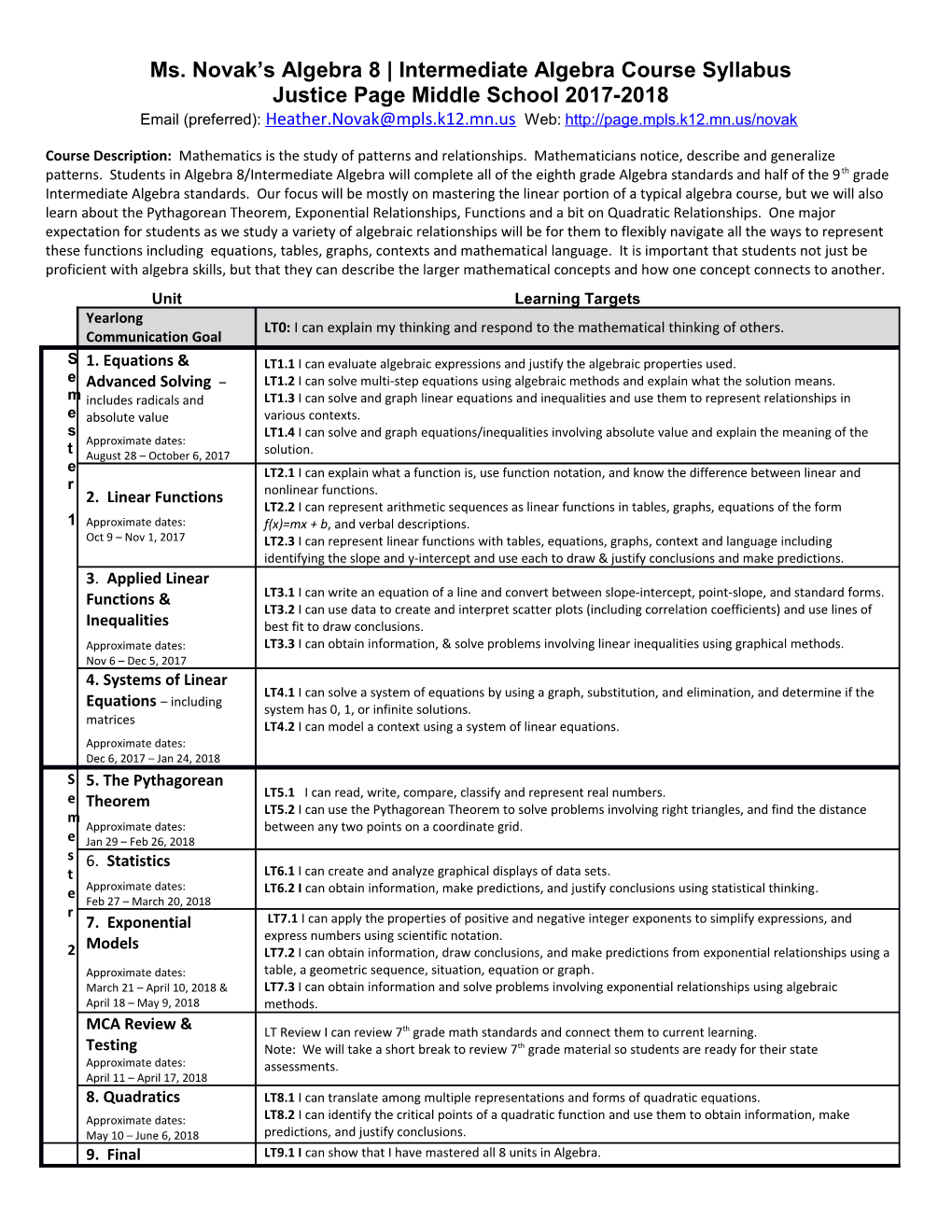 Ms. Novak S Algebra 8 Intermediate Algebra Course Syllabus