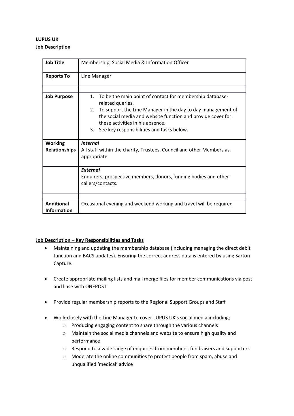 Job Description Key Responsibilities and Tasks