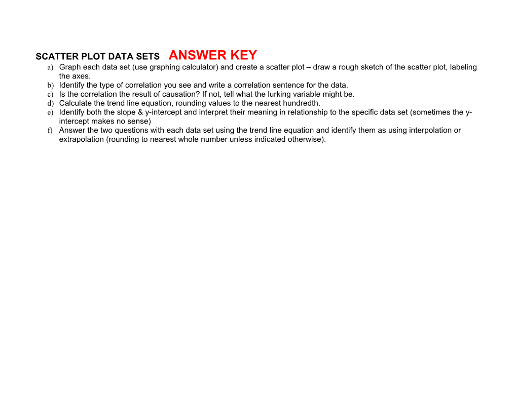 Scatter Plot Data Sets Answer Key