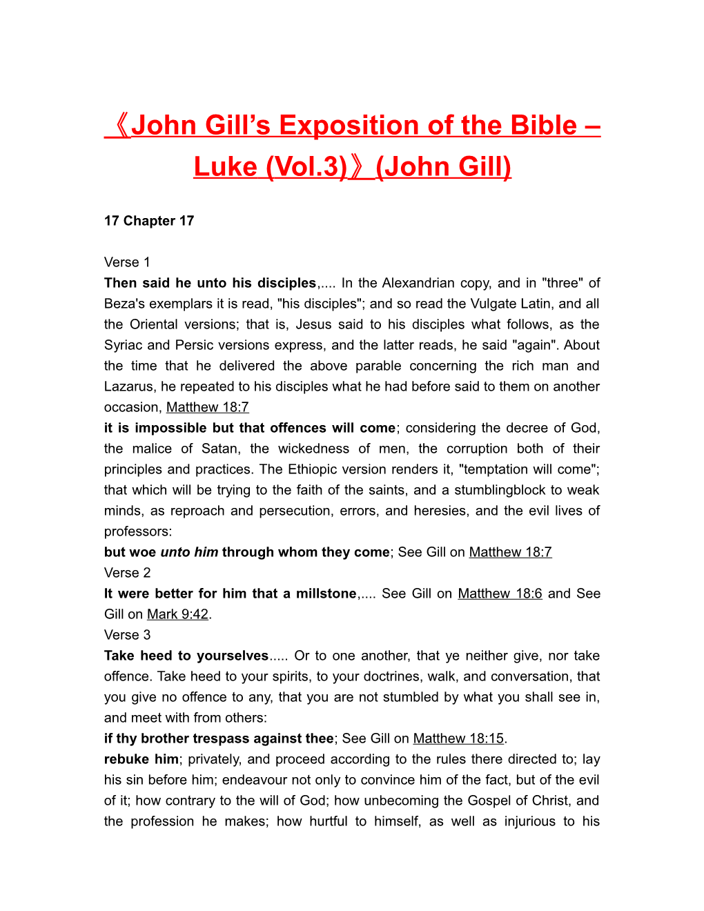 John Gill S Exposition of the Bible Luke (Vol.3) (John Gill)