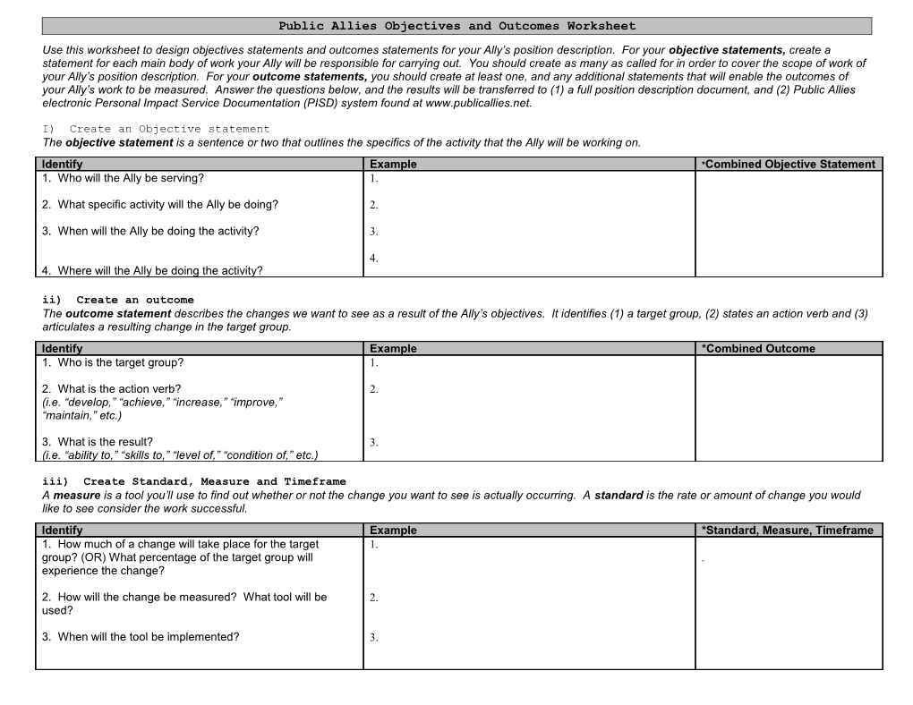 Public Allies Objectives and Outcomes Worksheet