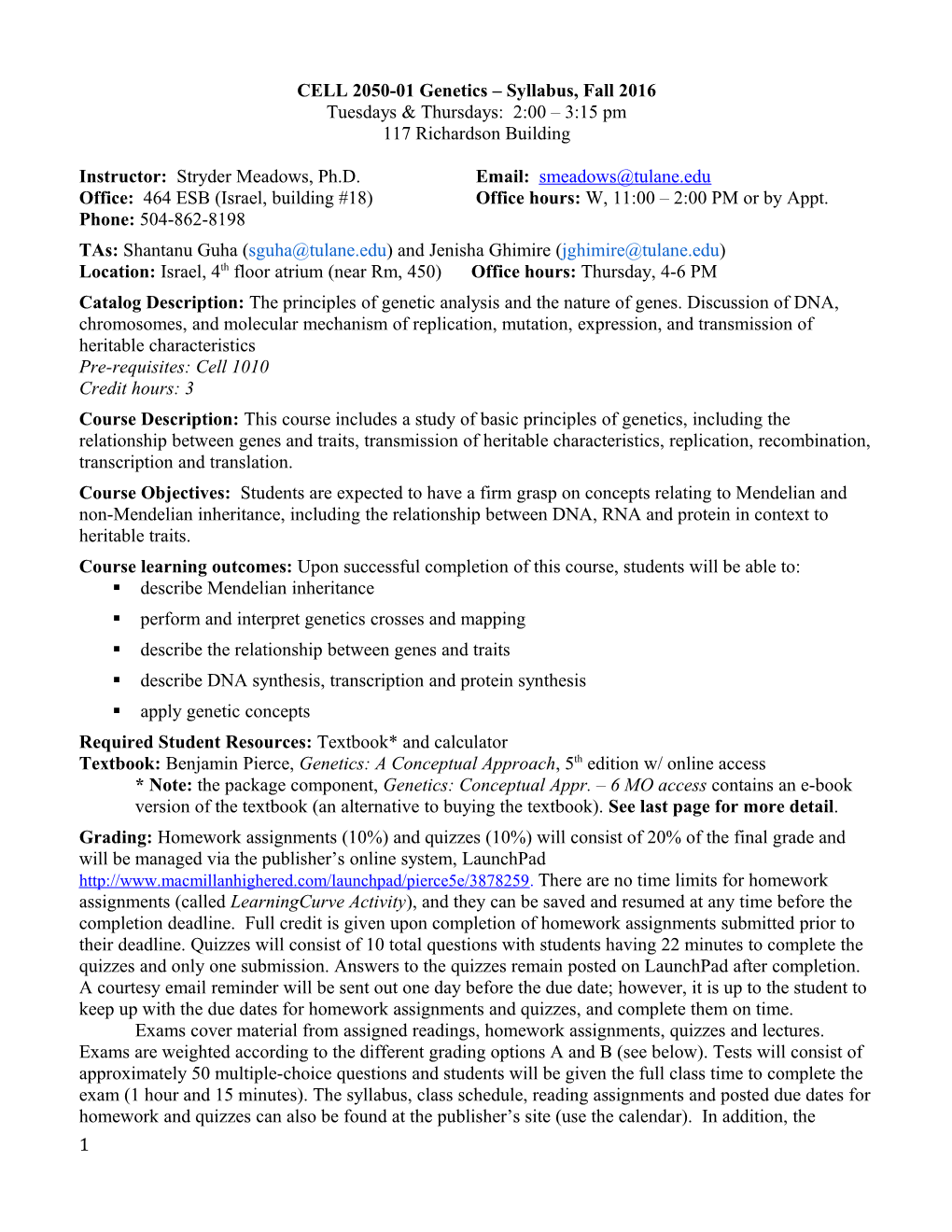 CELL 2050-01 Genetics Syllabus, Fall 2016