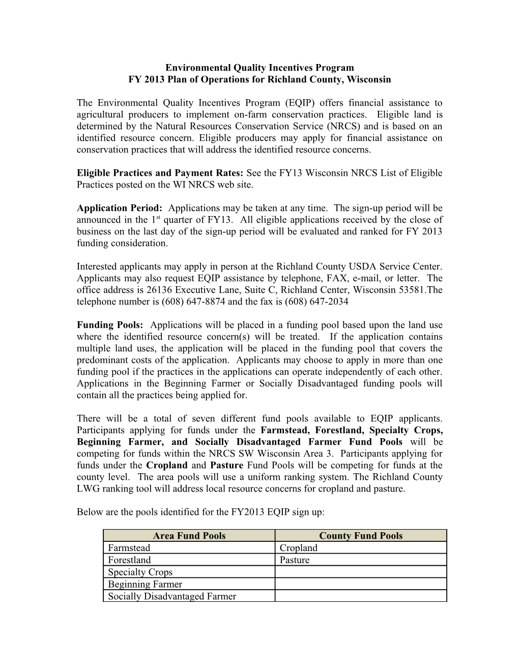 Environmental Quality Incentives Program FY 2010 Plan of Operations for Insert County Or