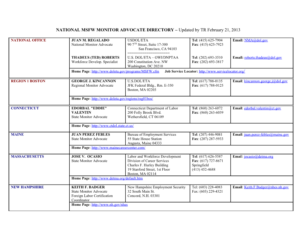 NATIONAL MSFW MONITOR ADVOCATE DIRECTORY Updated by TR February 21, 2013