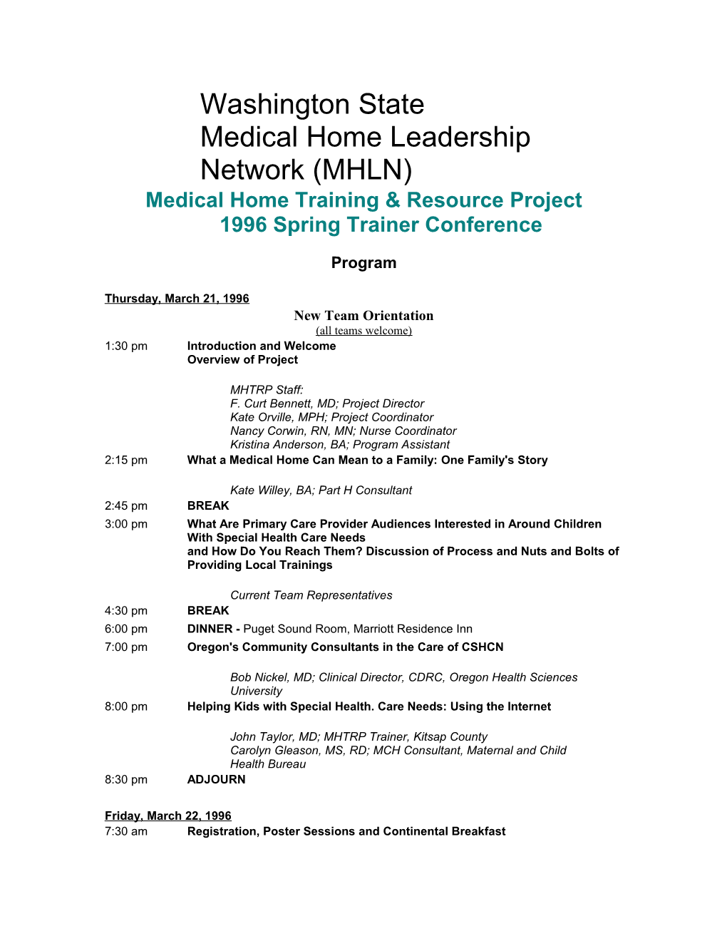 MHLN 1996 Spring Conference Agenda