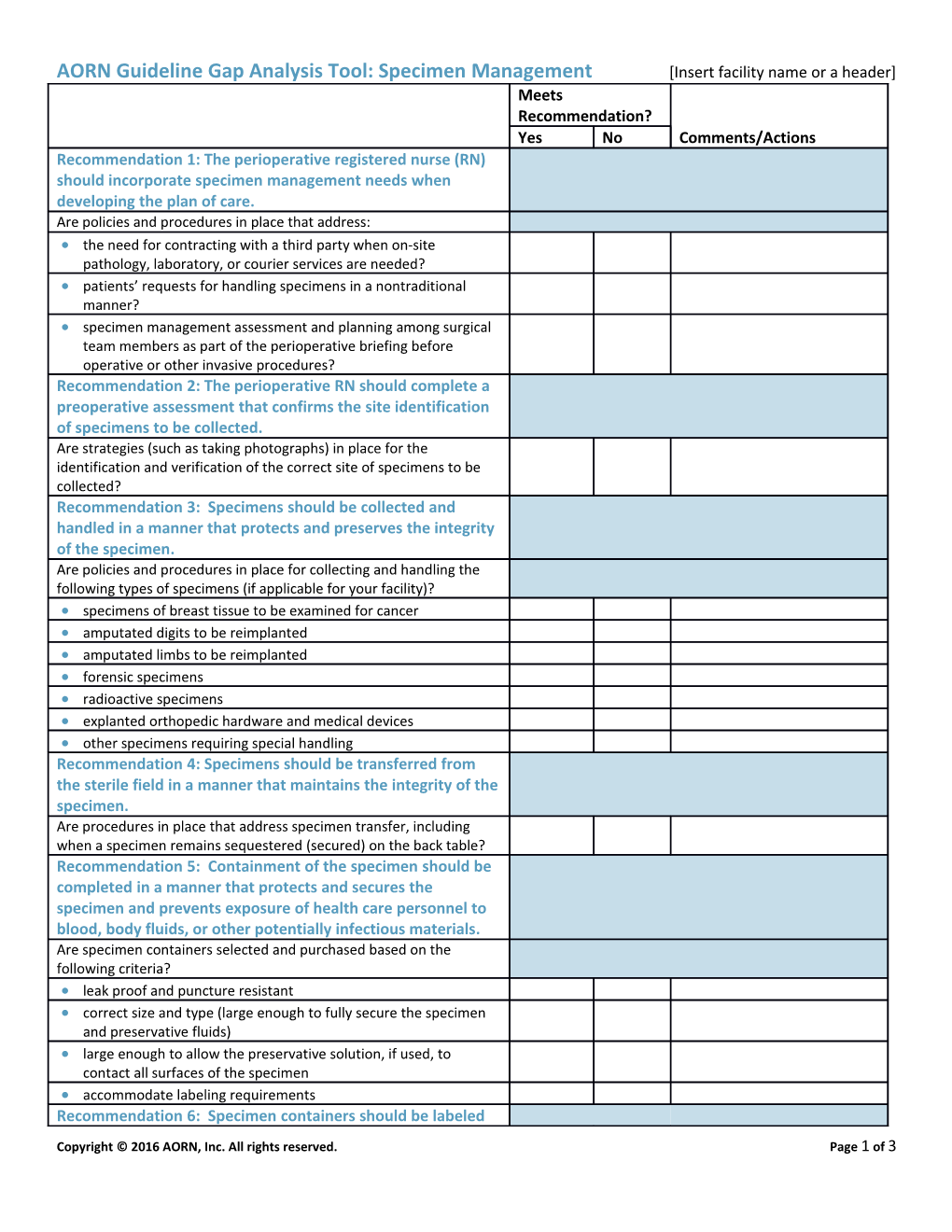 AORN Guideline Gap Analysis Tool: Specimen Management Insert Facility Name Or a Header