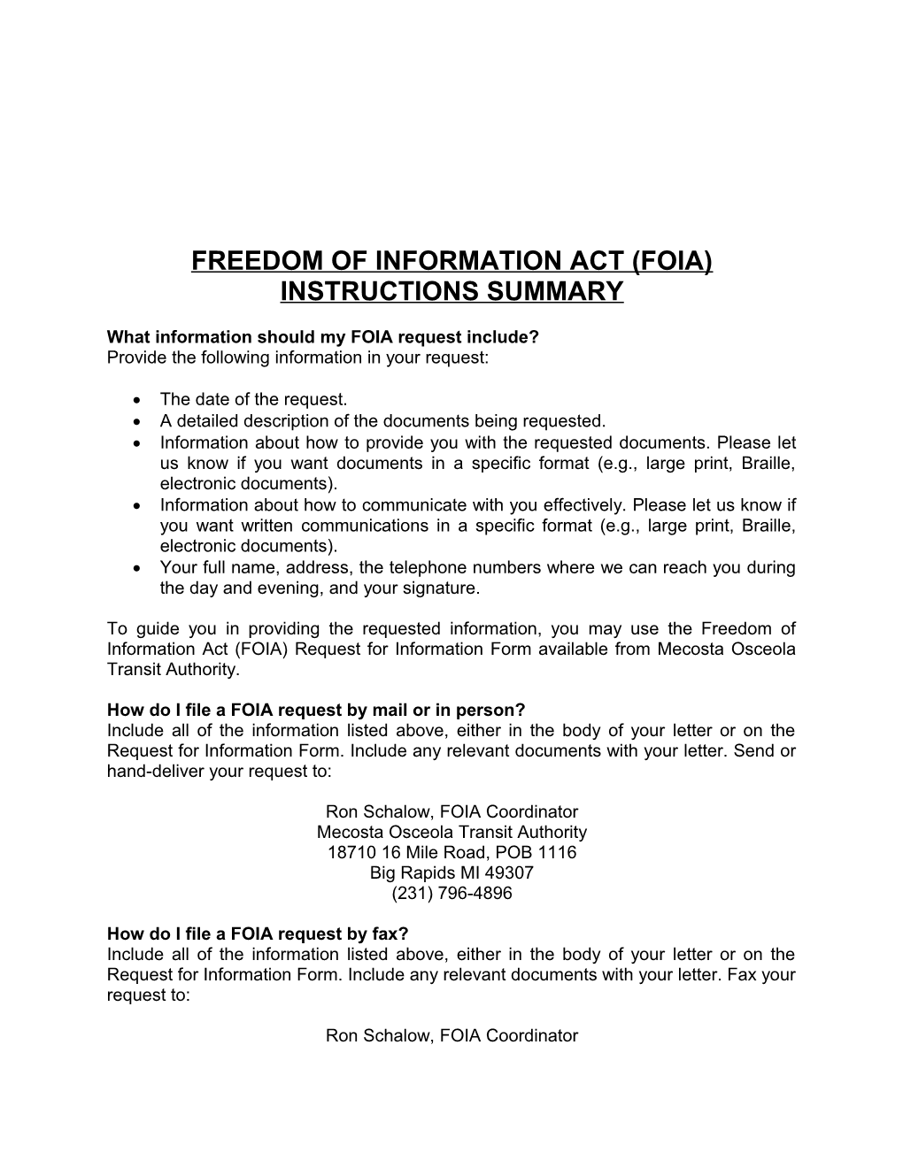 Freedom of Information Act (Foia) Instructions Summary