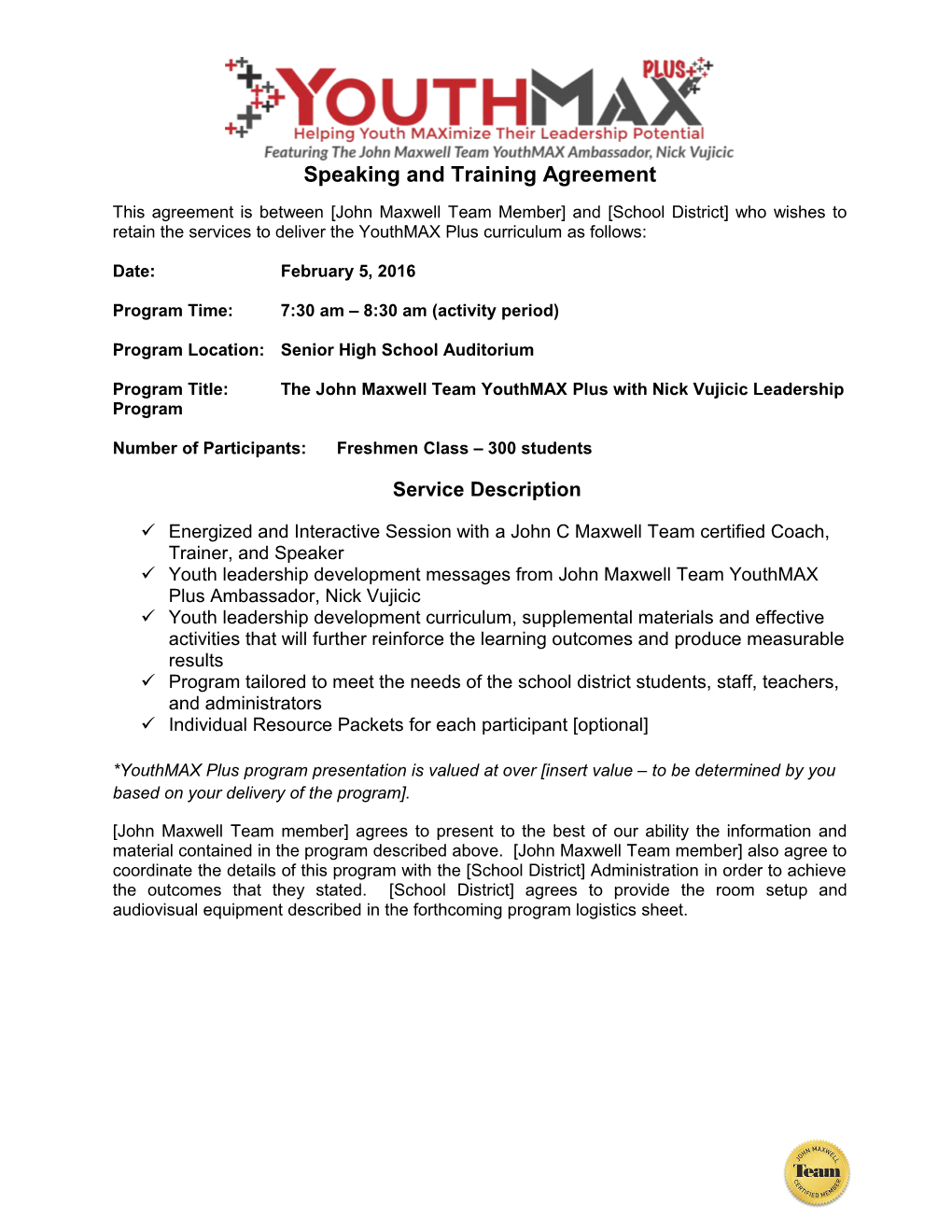 Speaking and Training Agreement