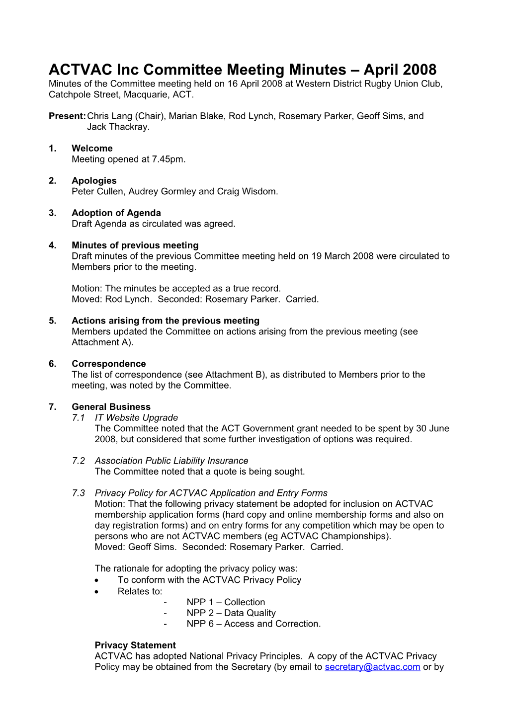 ACTVAC Inc Committee Meeting Minutes April 2008