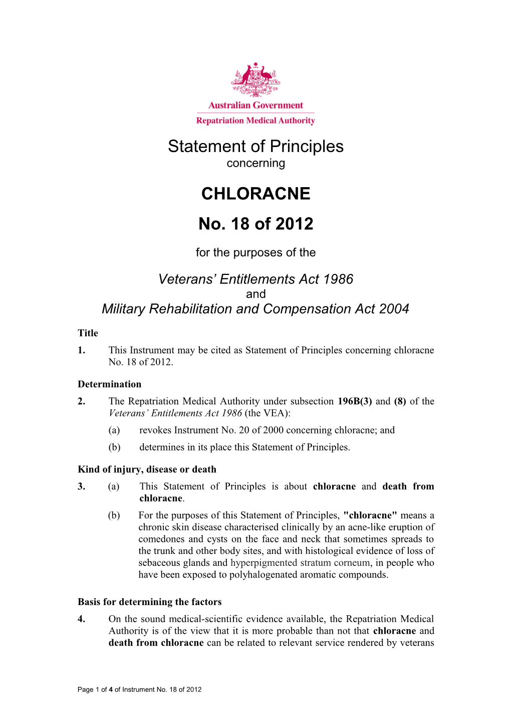 Statement of Principles 18 of 2012 Chloracne Balance of Probabilities