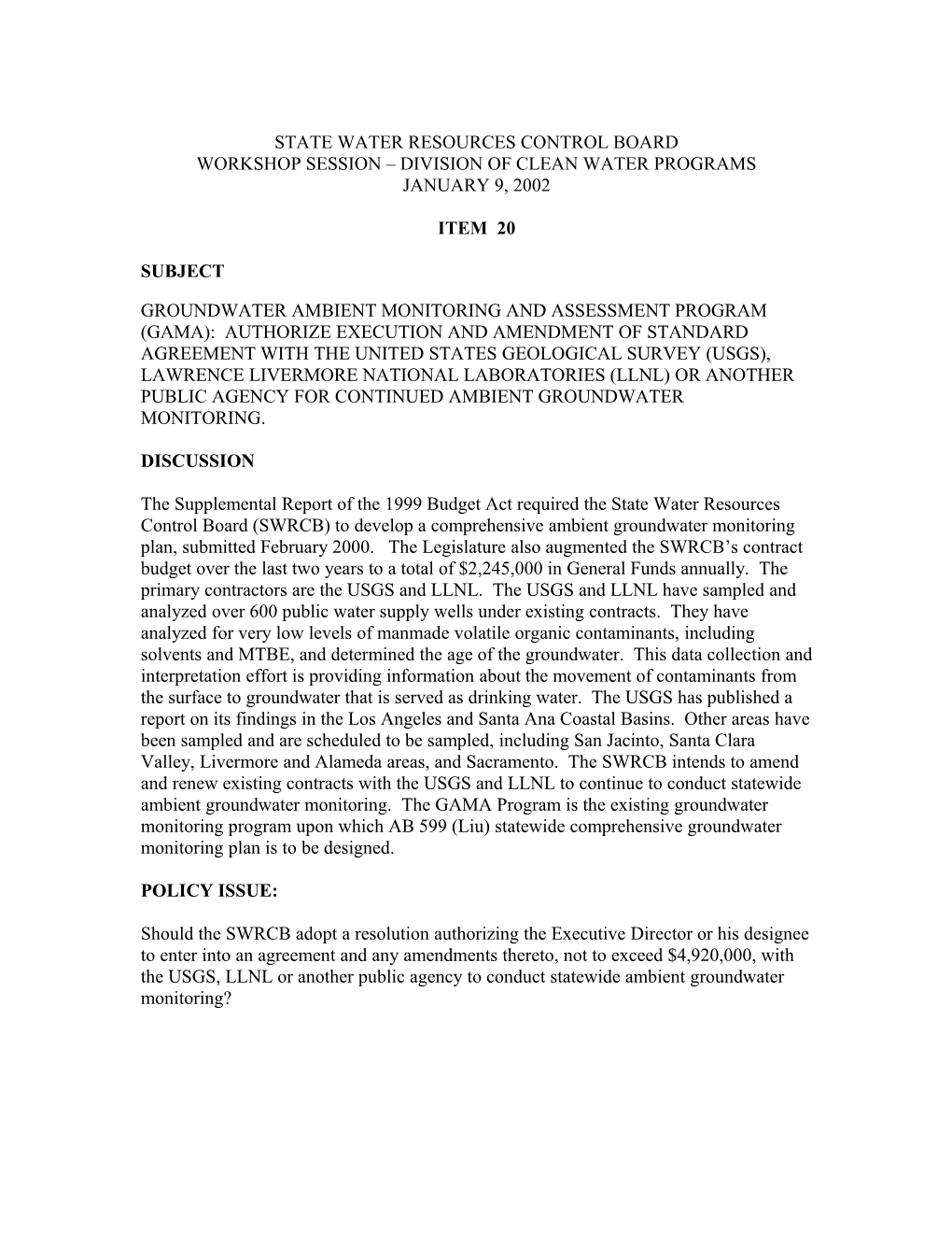 Groundwater Monitoring Agreeement/ USGS