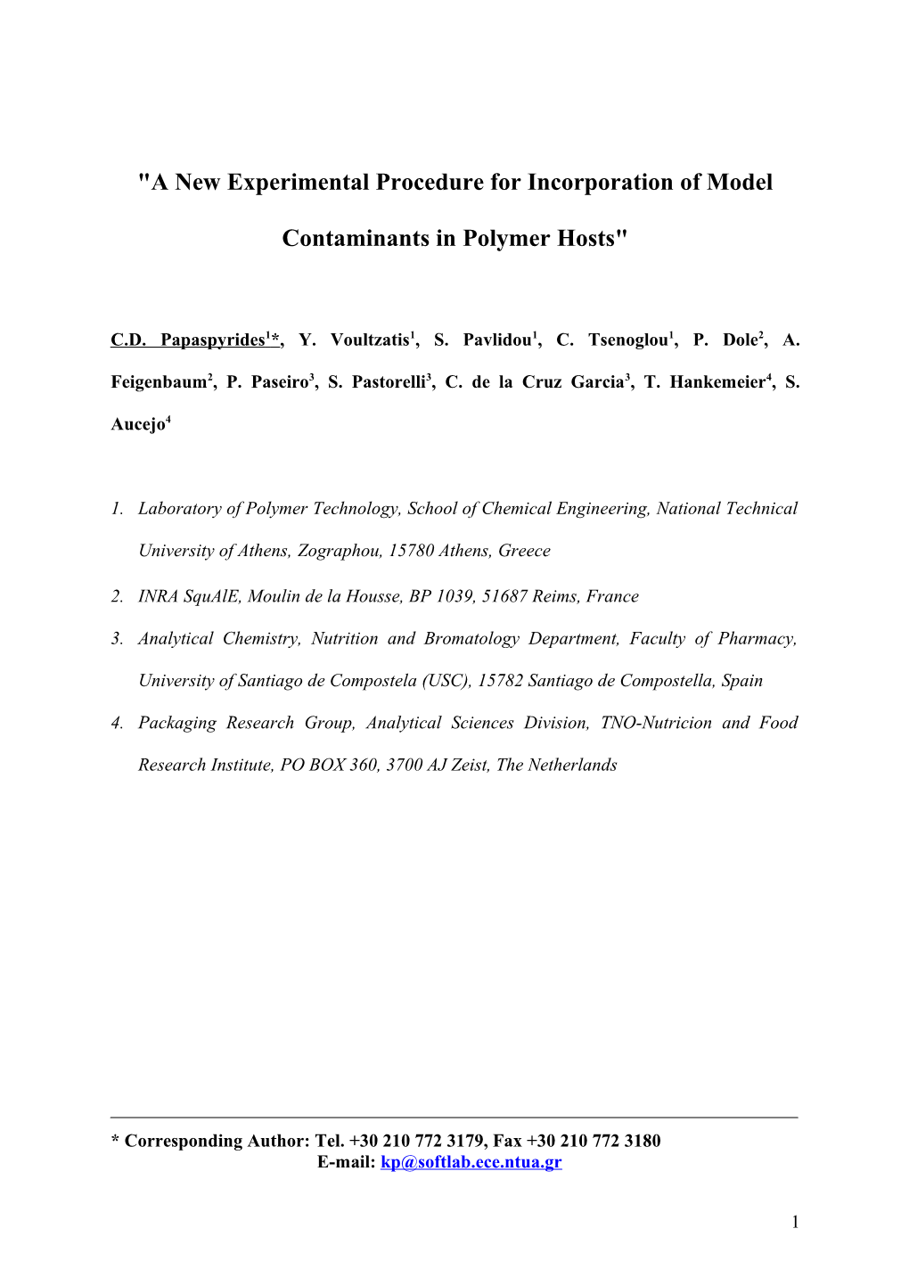 Procedures for Incorporation of Model Contaminants in Polymer Hosts