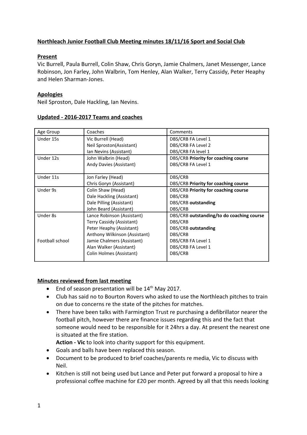 Northleach Junior Football Club Meeting Minutes 18/11/16 Sport and Social Club