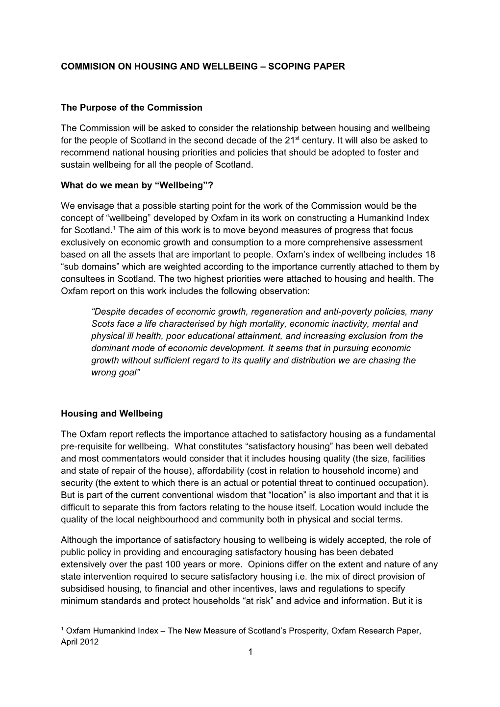 Commision on Housing and Wellbeing Scoping Paper