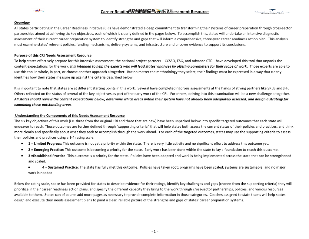 Career Readiness Initiative Needs Assessment Resource