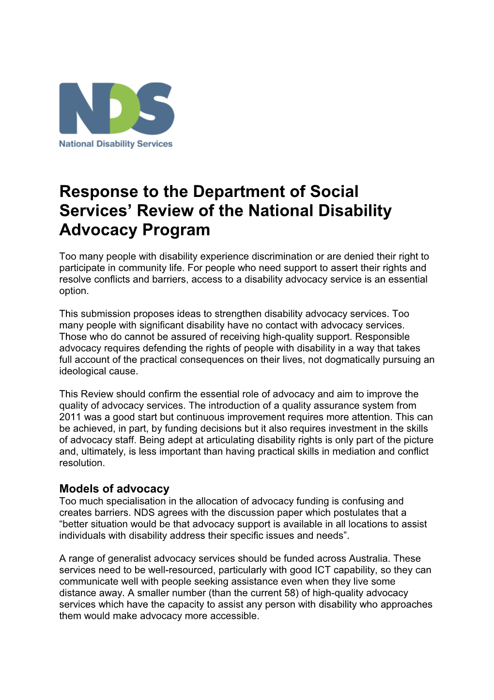 Response to the Department of Social Services Review of the National Disability Advocacy