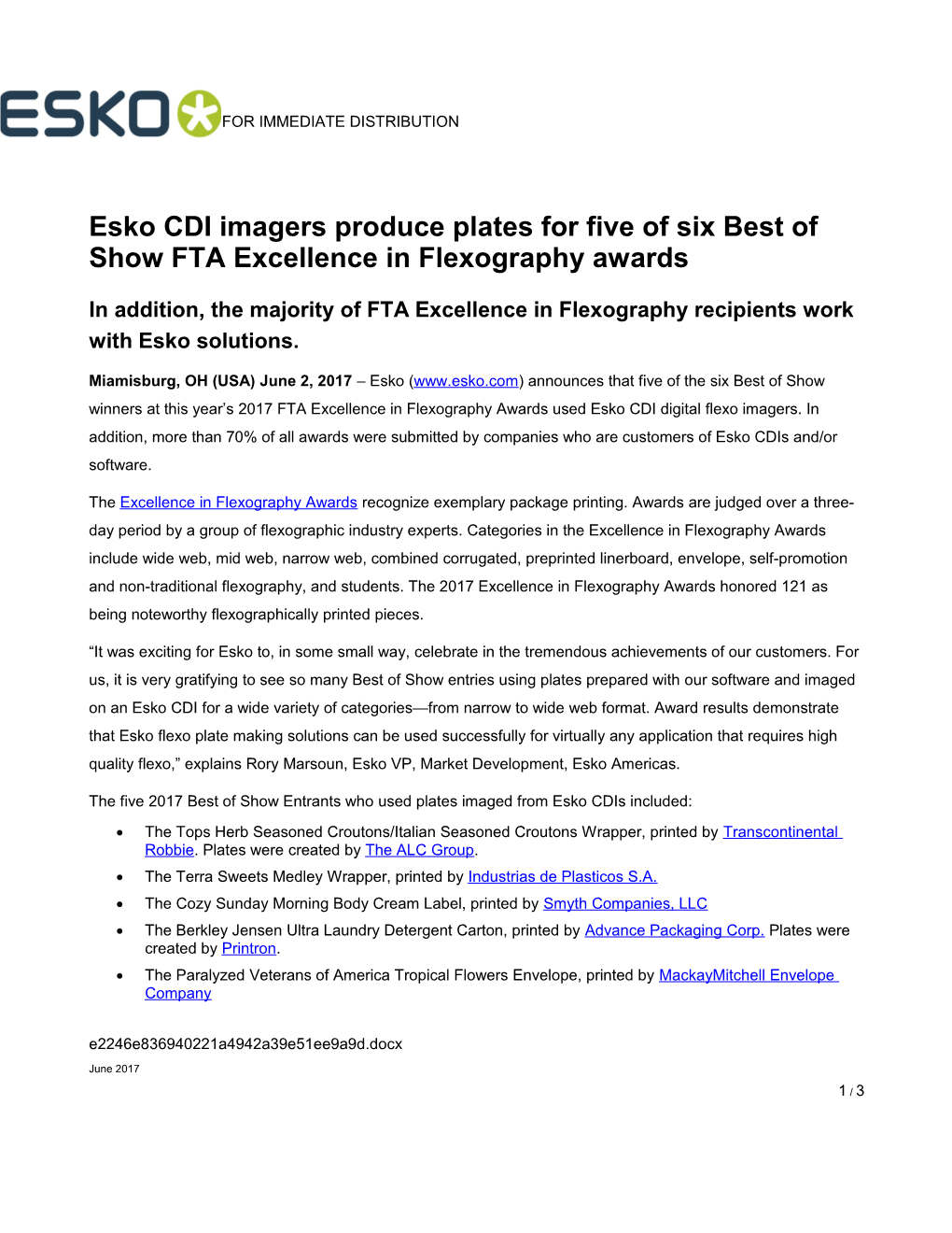 Esko CDI Imagers Produce Plates for Five of Six Best of Show FTA Excellence in Flexography