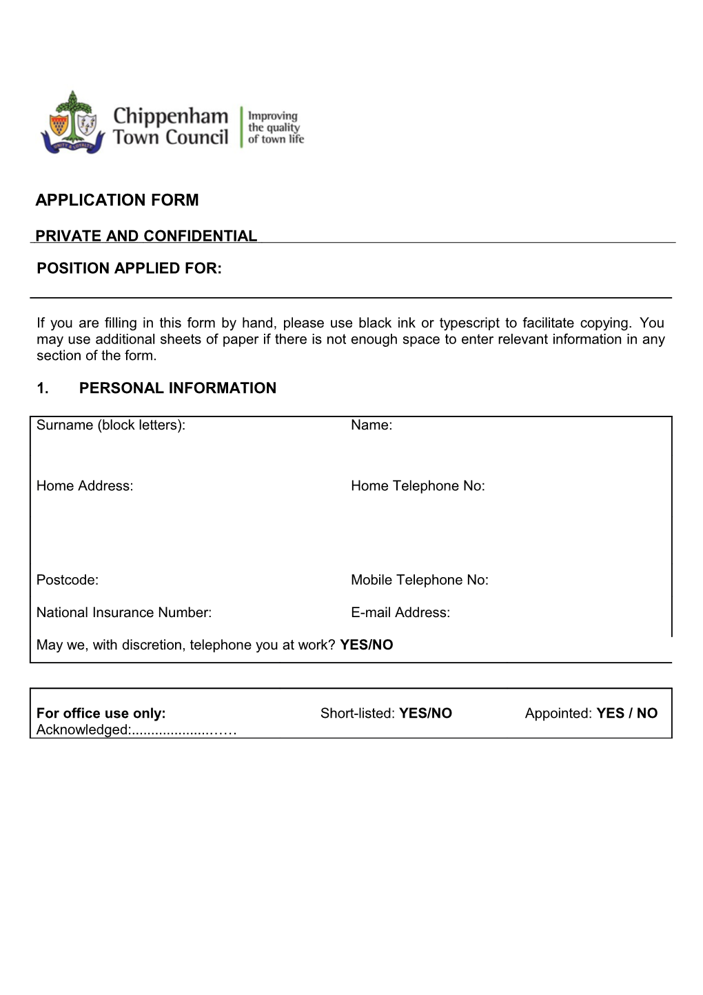 Hart District Council, Job Application Form