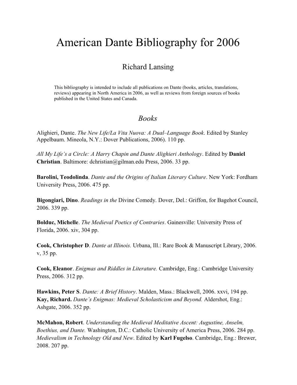 American Dante Bibliography for 2006