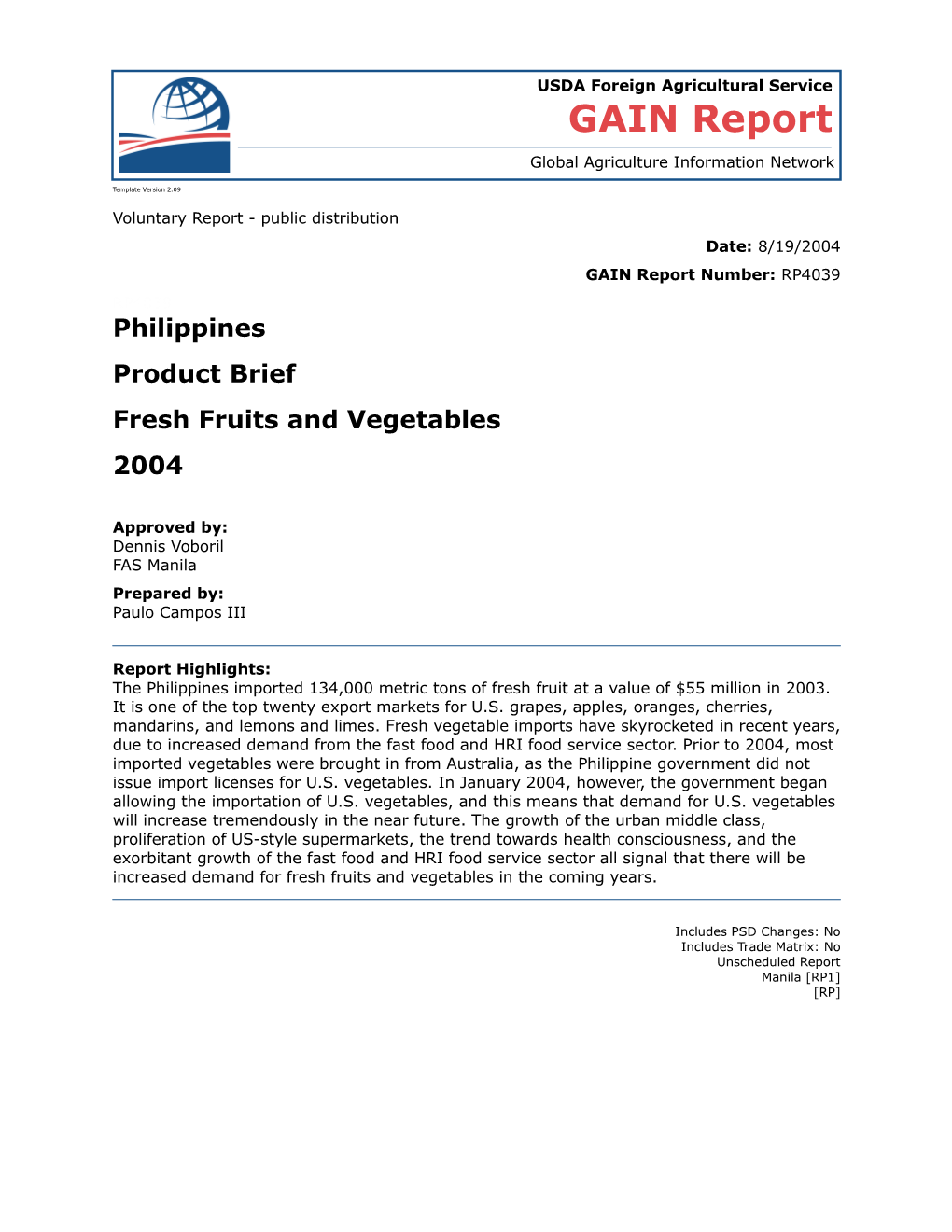 GAIN Report - Fresh Fruits and Vegetables