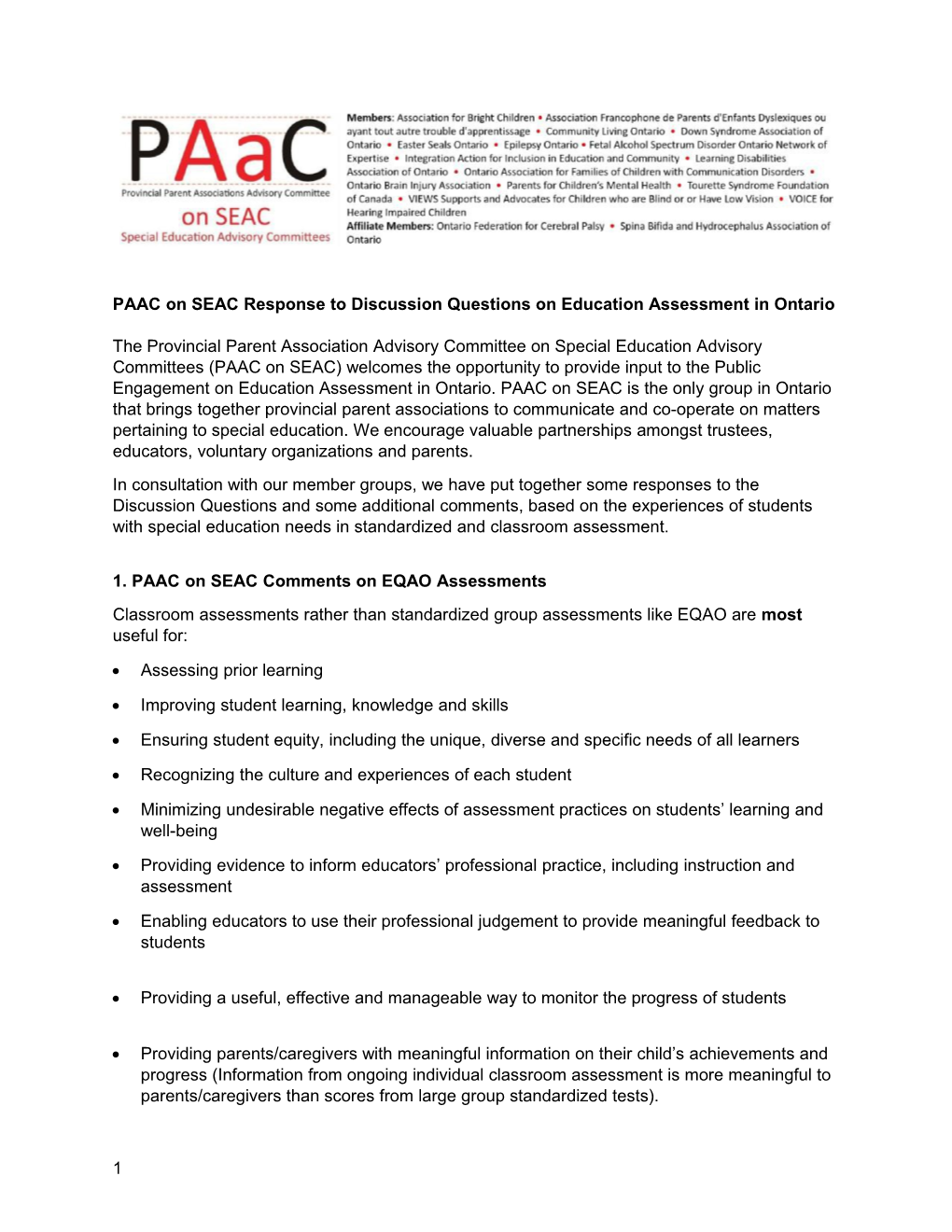 1. PAAC on SEAC Comments on EQAO Assessments