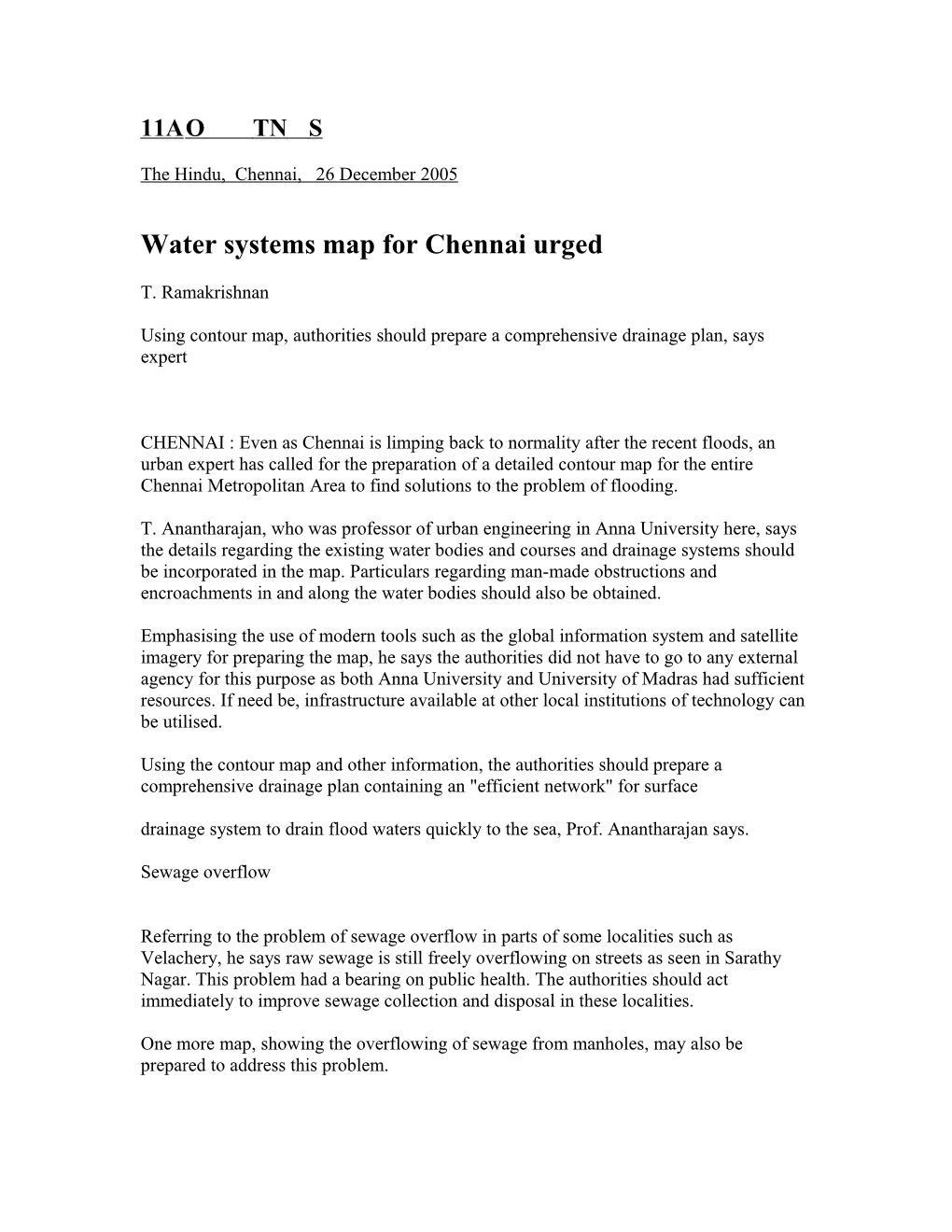 Water Systems Map for Chennai Urged