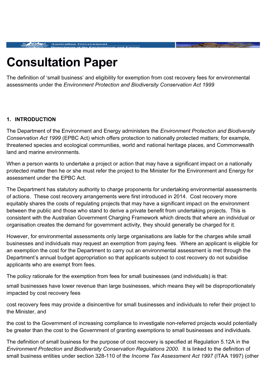 Consultation Paper: the Definition of Small Business and Eligibility for Exemption From