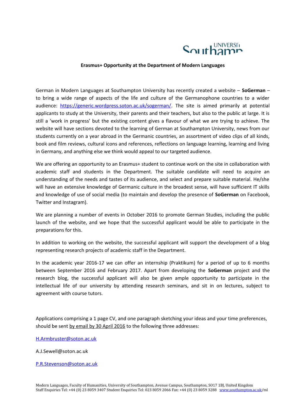 Erasmus+ Opportunity at the Department of Modern Languages