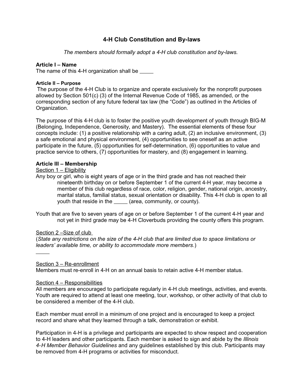 4-H Club Constitution and By-Laws