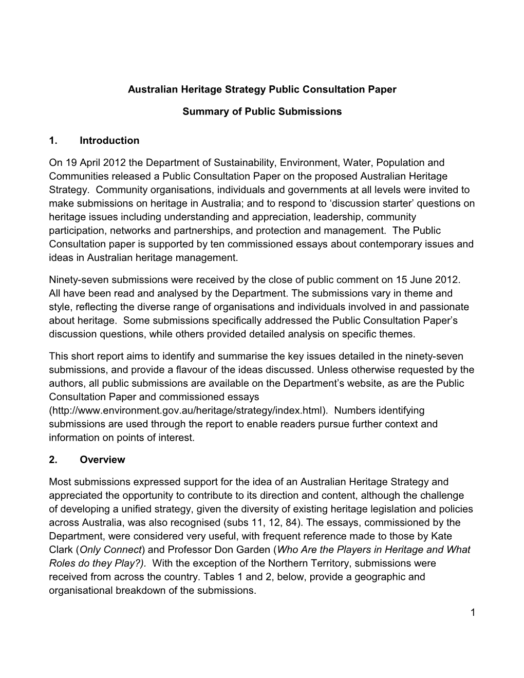 Australian Heritage Strategy Public Consultation Paper - Summary of Public Submissions