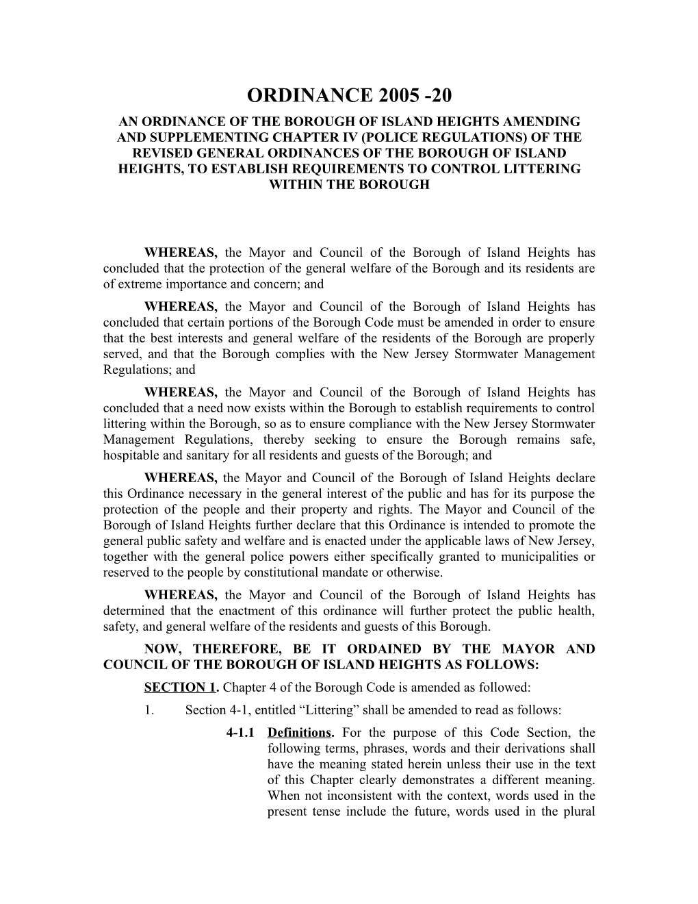 An Ordinance of the Borough of Island Heights Amending Andsupplementing Chapter Iv (Police