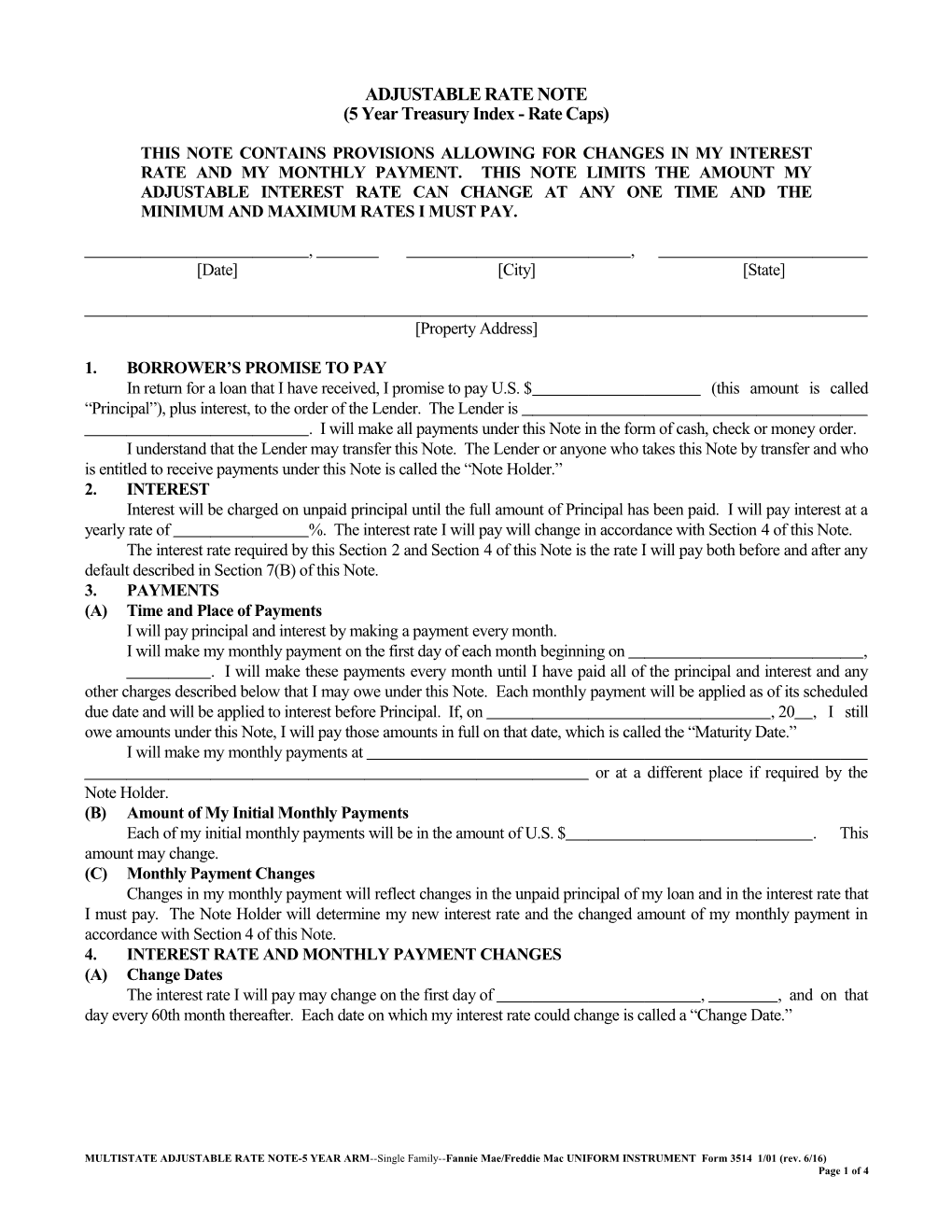 Adjustable Rate Note (5 Year)